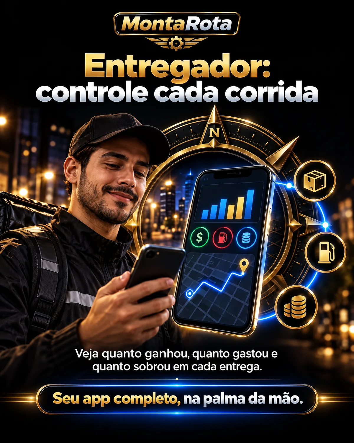 Aplicativo do entregador com resumo de ganhos, custos e saldo por corrida