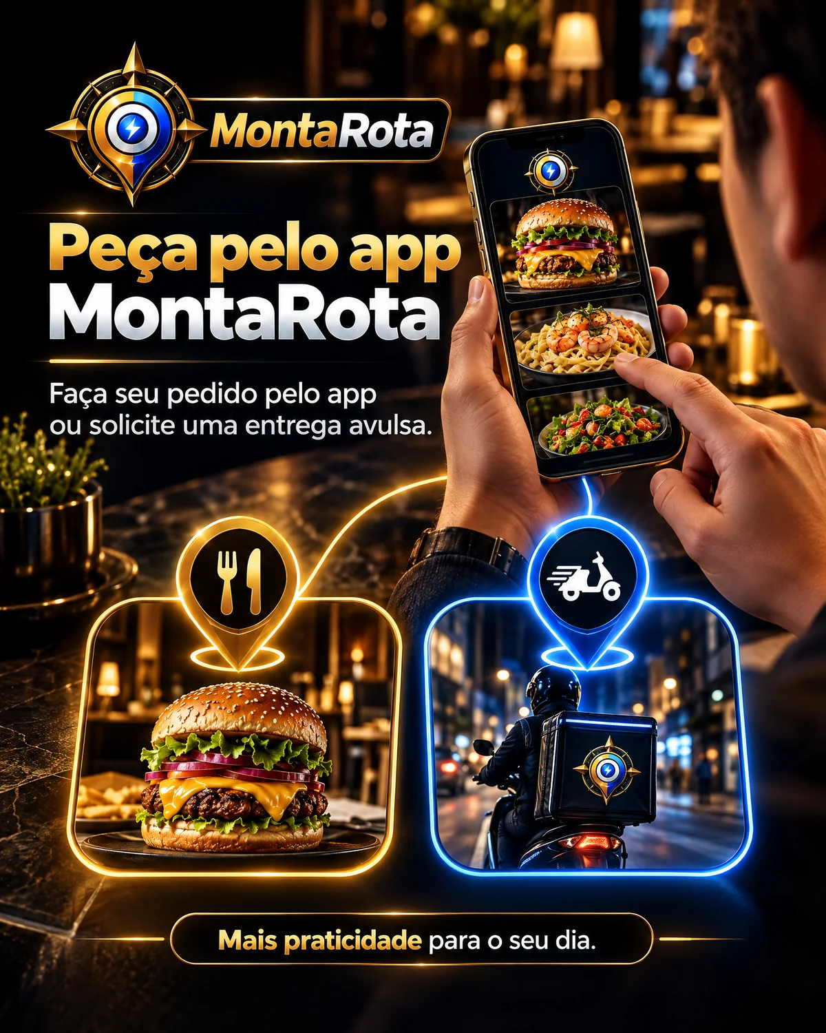 Cliente usa o app MontaRota para fazer pedidos ou solicitar uma entrega avulsa